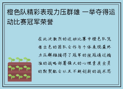 橙色队精彩表现力压群雄 一举夺得运动比赛冠军荣誉