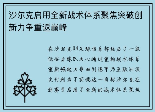 沙尔克启用全新战术体系聚焦突破创新力争重返巅峰