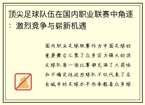 顶尖足球队伍在国内职业联赛中角逐：激烈竞争与崭新机遇